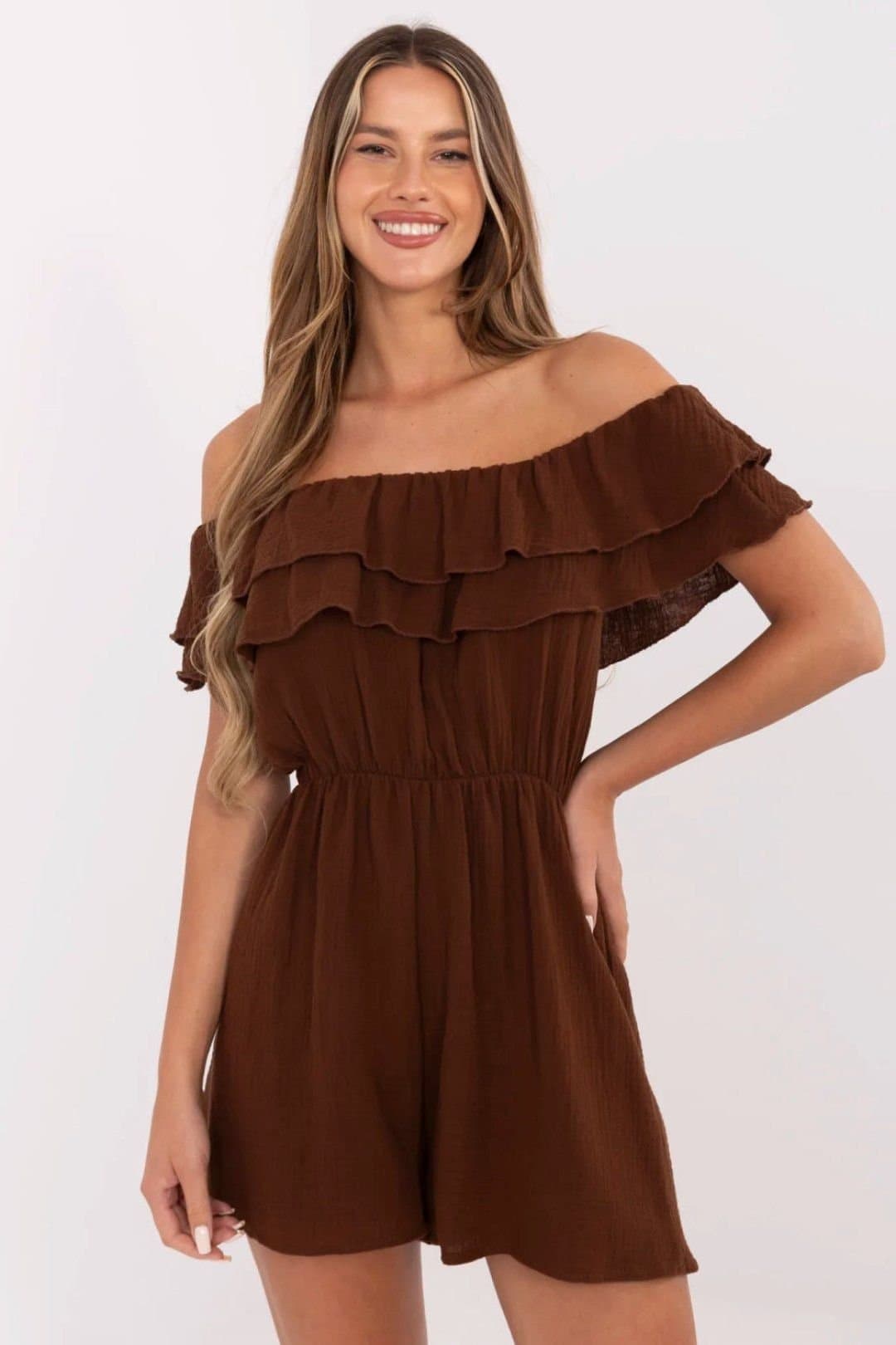 Love Lace Love Lace Women's Light Muslin Off-Shoulder Sleeveless Jumpsuit in Brown