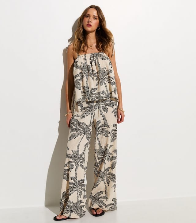 New Look Women's Cream Palm Tree Print Beach Trouser New Look - 3