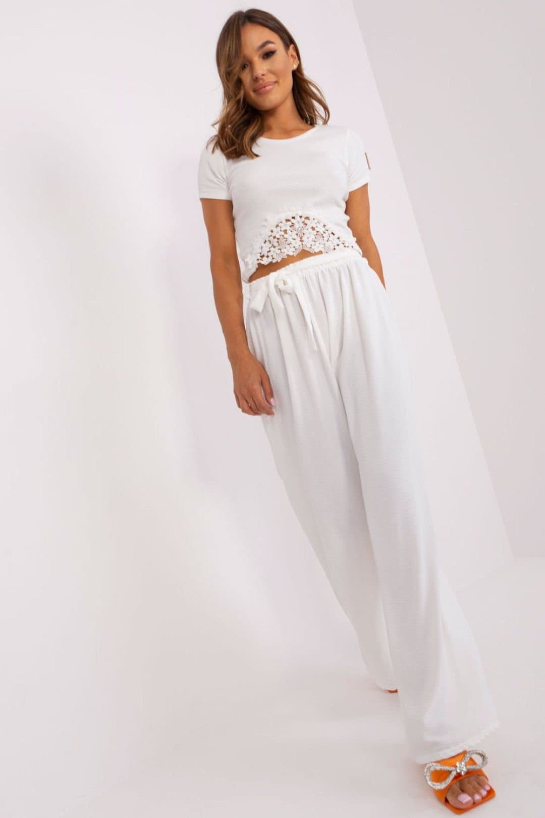 Love Lace Love Lace Women's Wide Leg Summer Pants with Waist Binding in White