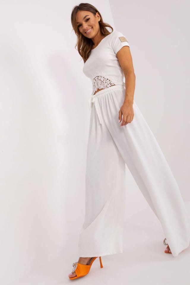 Love Lace Love Lace Women's Wide Leg Summer Pants with Waist Binding in White - 2