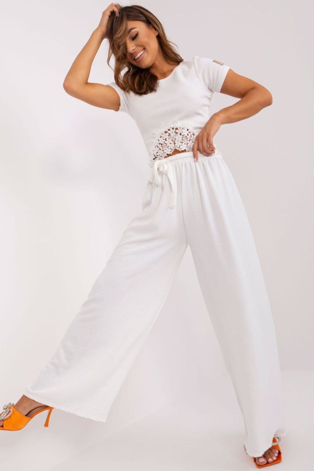 Love Lace Love Lace Women's Wide Leg Summer Pants with Waist Binding in White - 4