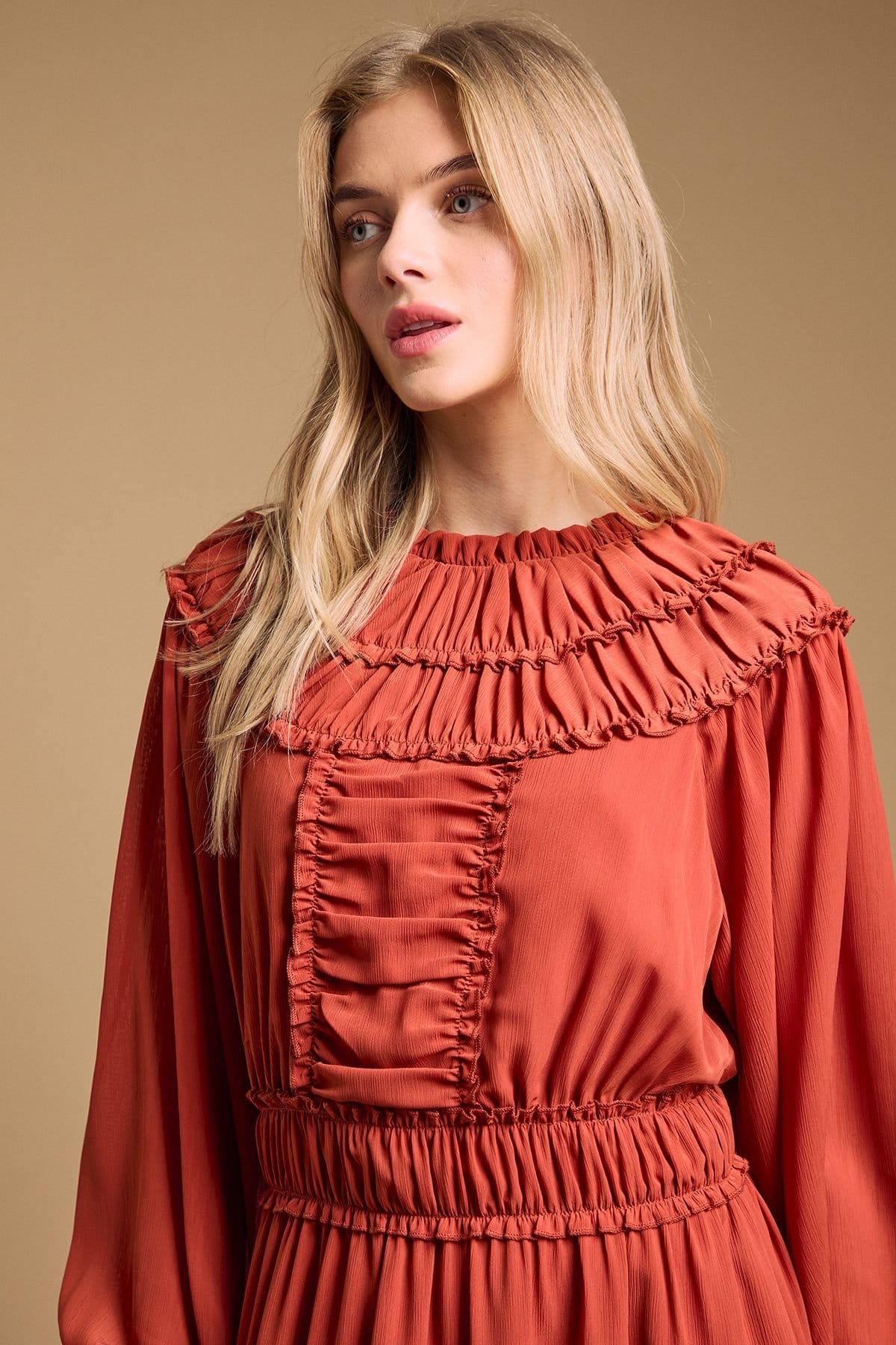 Oasis Oasis Women's Ruffle Detail Midi Dress in Ochre - 4