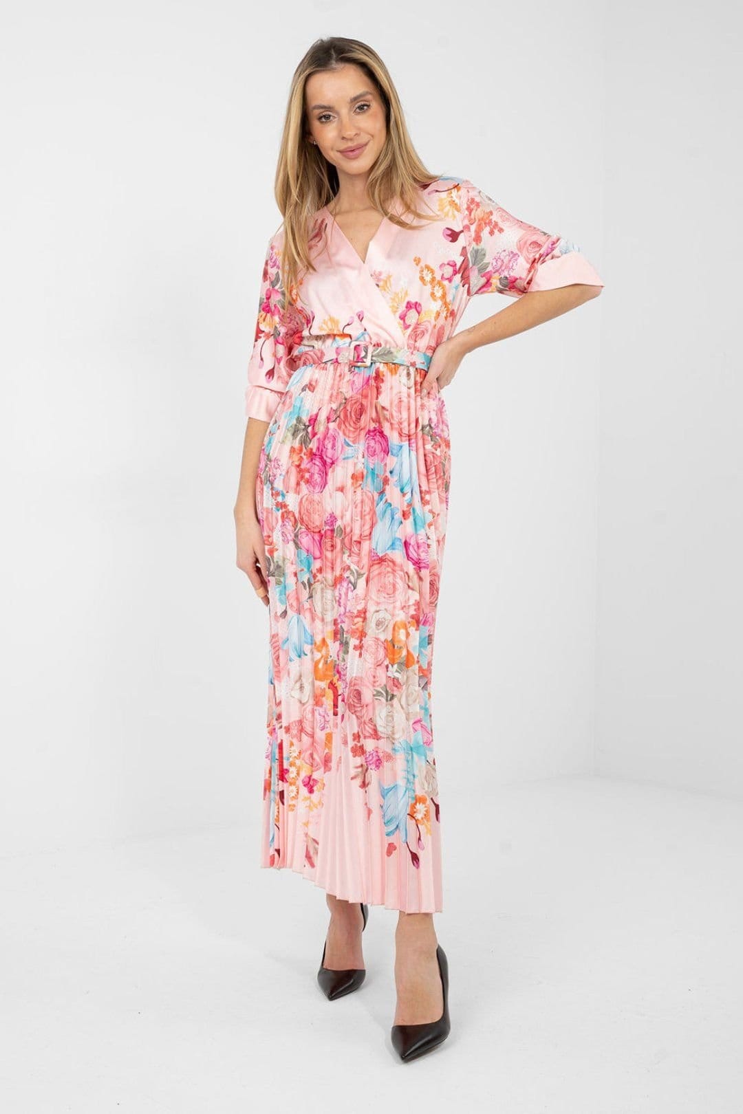 Love Lace Pink Floral Wrap Maxi Dress with Pleats