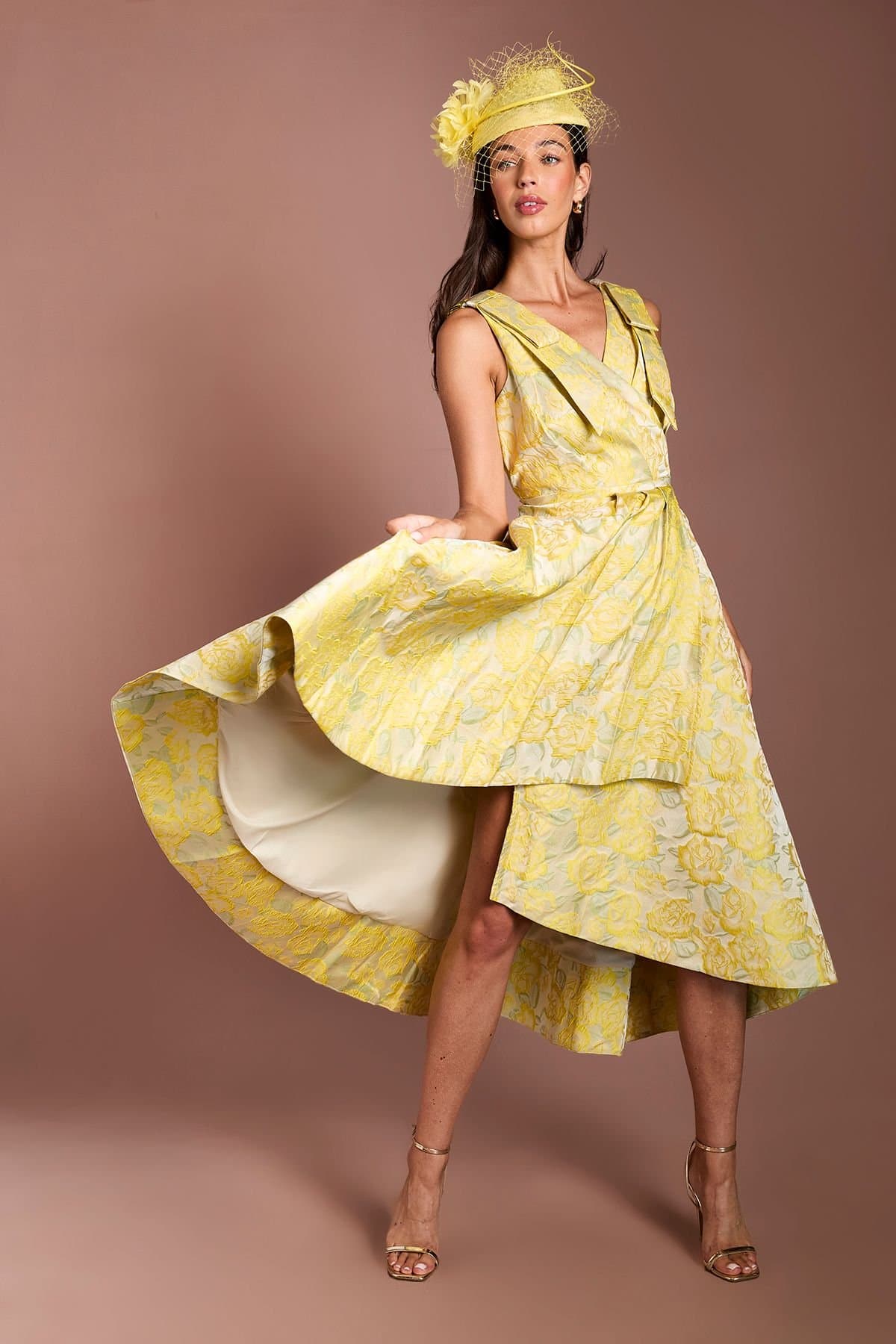 Coast Coast Women's Lisa Tan Bow Shoulder Jacquard Midi Dress in Yellow