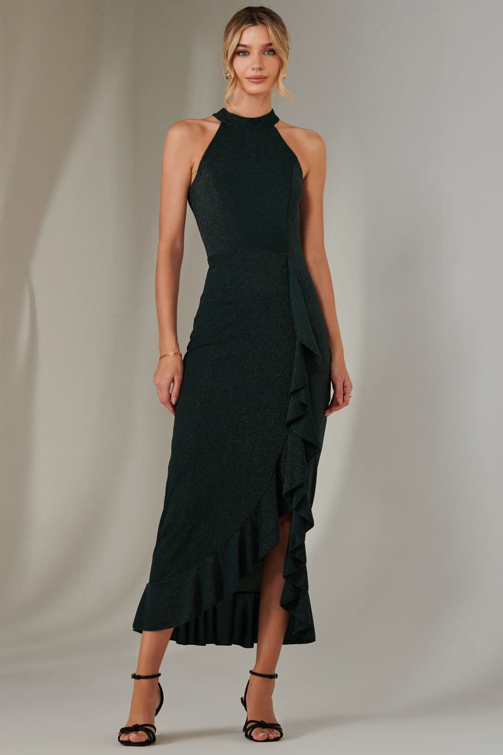 Jolie Moi Jolie Moi Women's Halter Neck Frill Jersey Maxi Dress in Dark Green