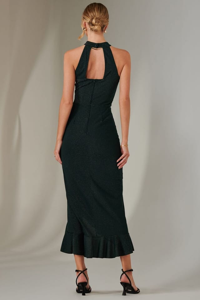 Jolie Moi Jolie Moi Women's Halter Neck Frill Jersey Maxi Dress in Dark Green - 2