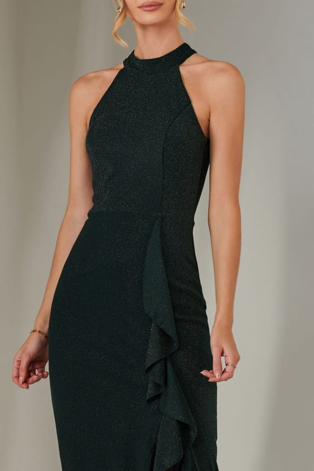 Jolie Moi Jolie Moi Women's Halter Neck Frill Jersey Maxi Dress in Dark Green - 3