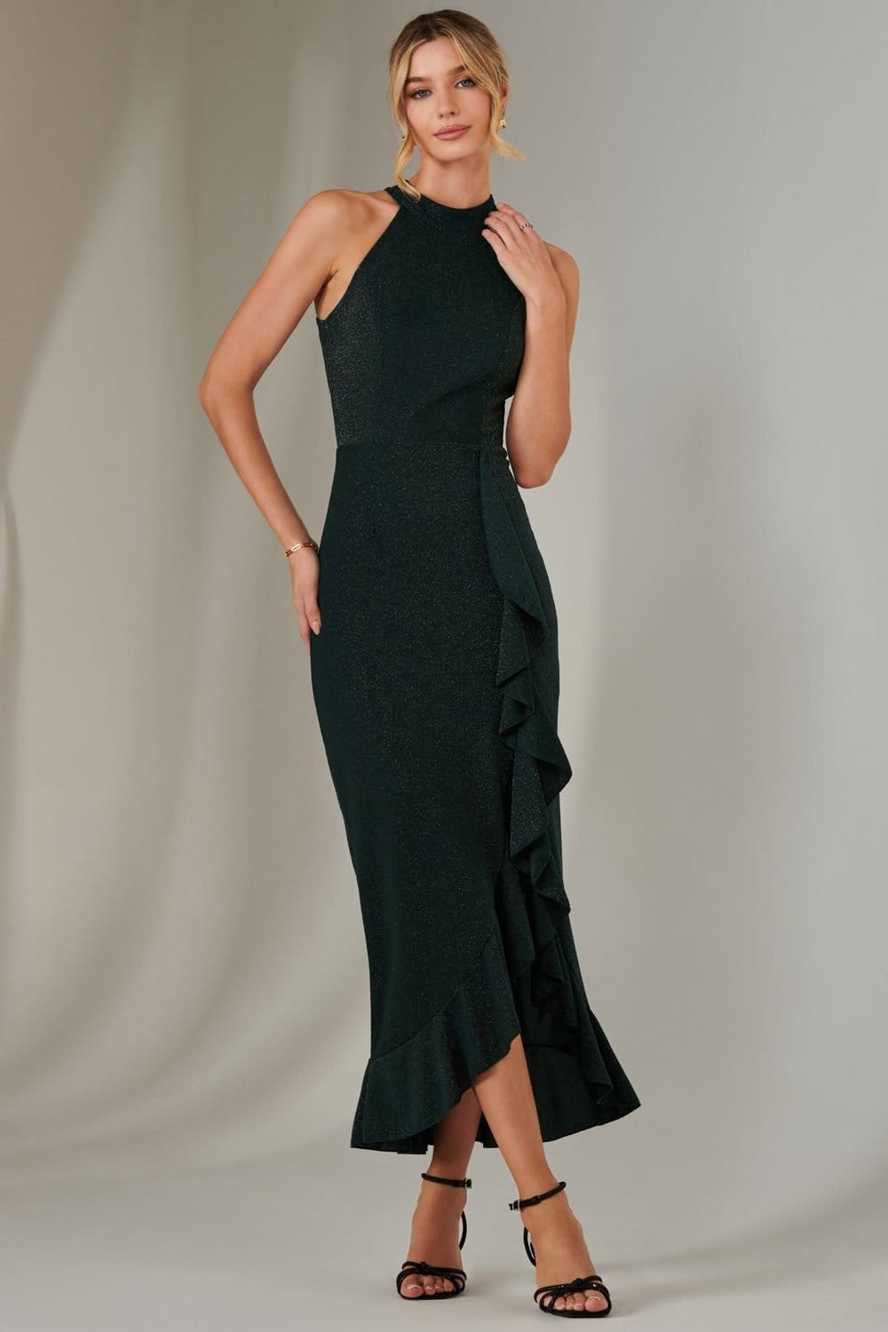 Jolie Moi Jolie Moi Women's Halter Neck Frill Jersey Maxi Dress in Dark Green - 4