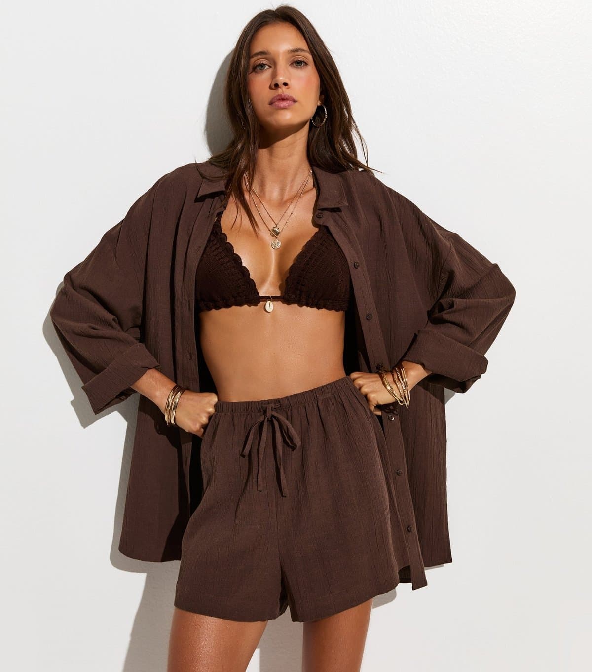 New Look Women's Dark Brown Crinkled Drawstring Beach Shorts New Look