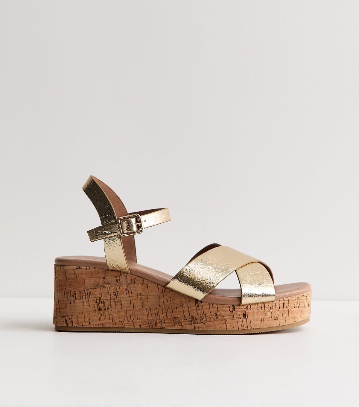 New Look Women's Wide Fit Gold Faux Leather Cork Platform Sandals Vegan New Look