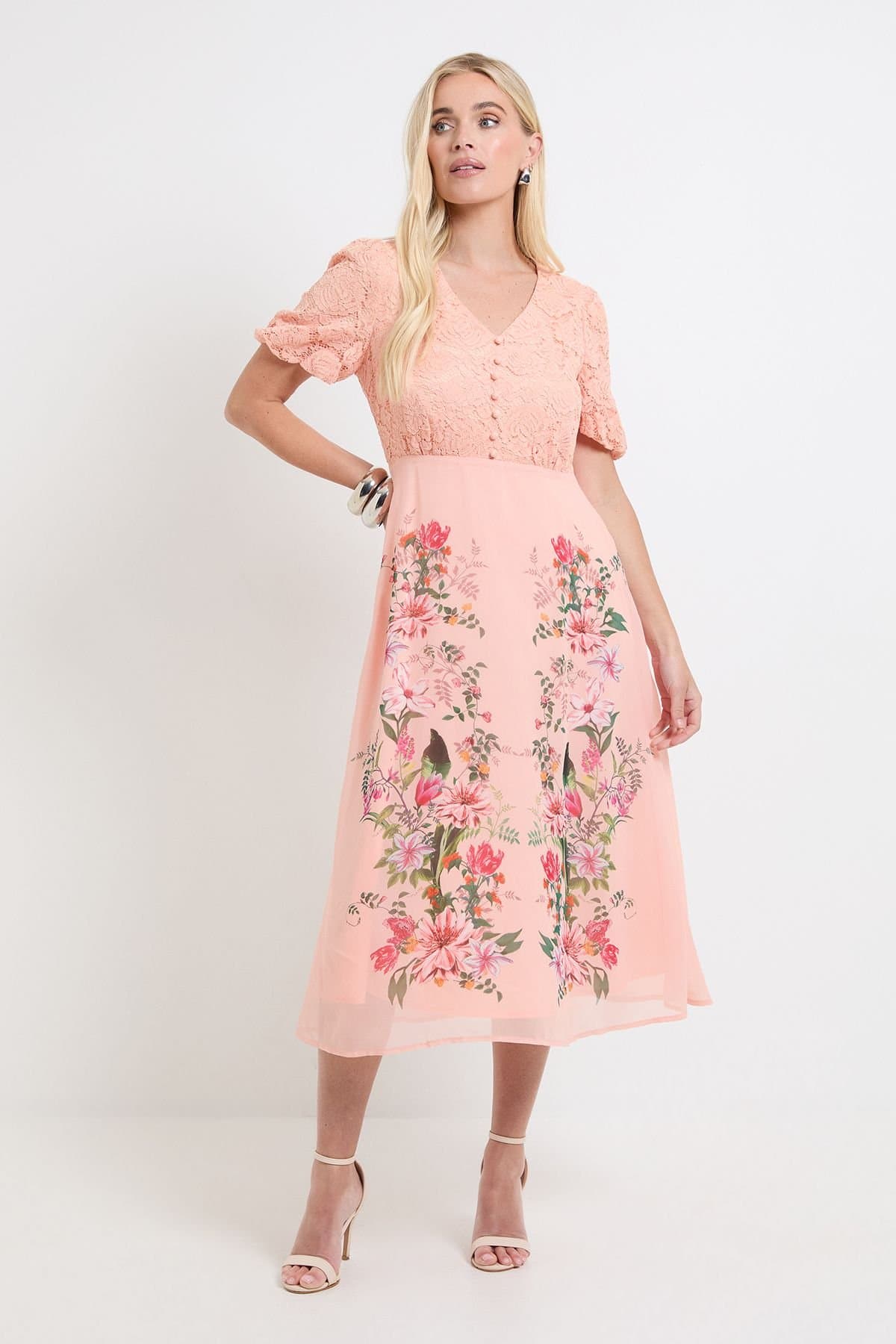 Wallis Wallis Women's Petite Floral Lace Button Midi Dress in Blush