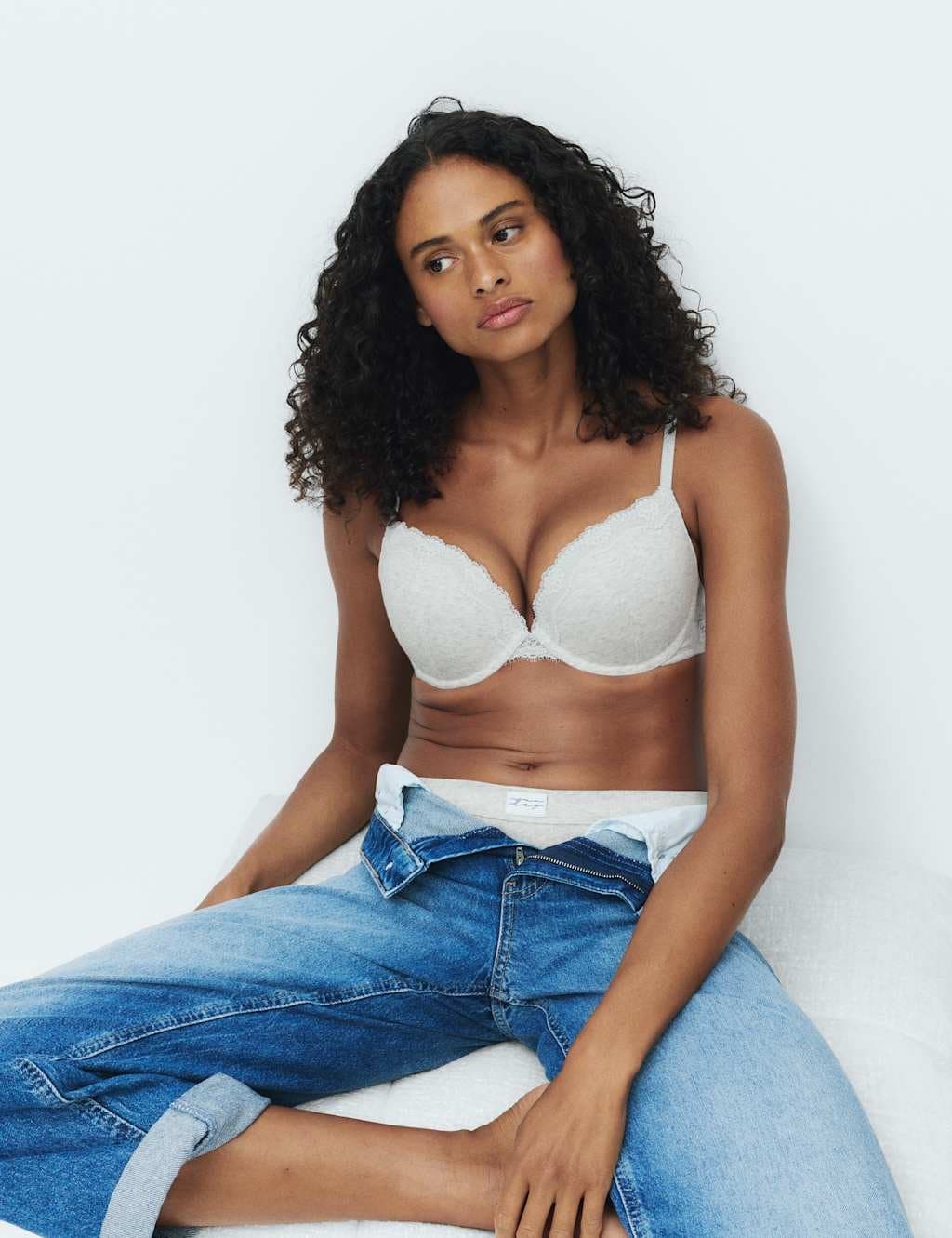 Marks & Spencer M&S Juni Cotton Rib Wired Push-Up Plunge Bra (A-E) Grey Marl