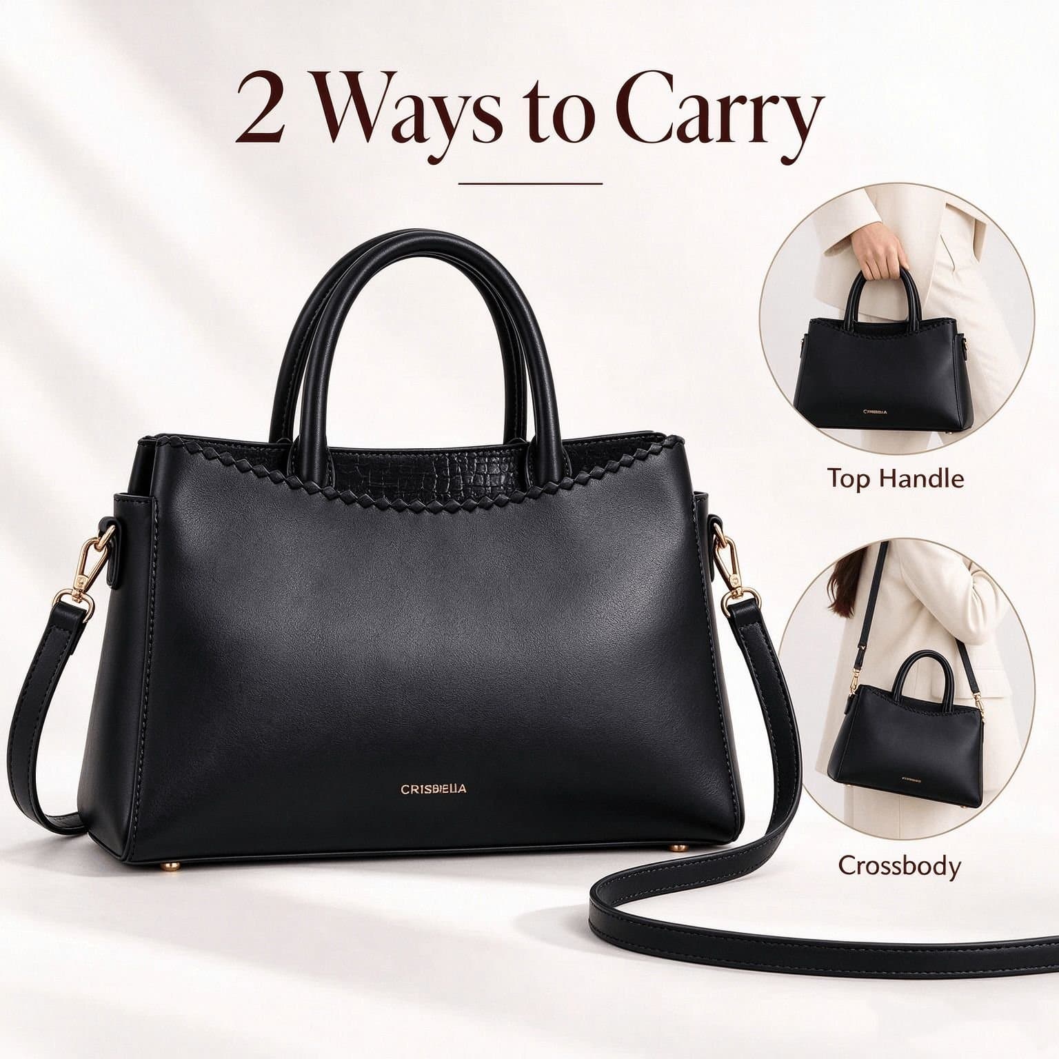 Chrisbella London Chrisbella London Women's 2-Way Top Handle Bag with Rear Zip Pocket & Metal Feet in Black