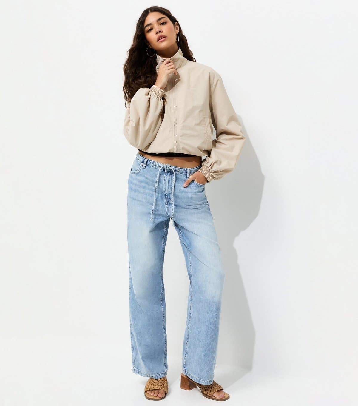New Look Women's Mid Blue Tie Waist Wide Leg Jeans New Look