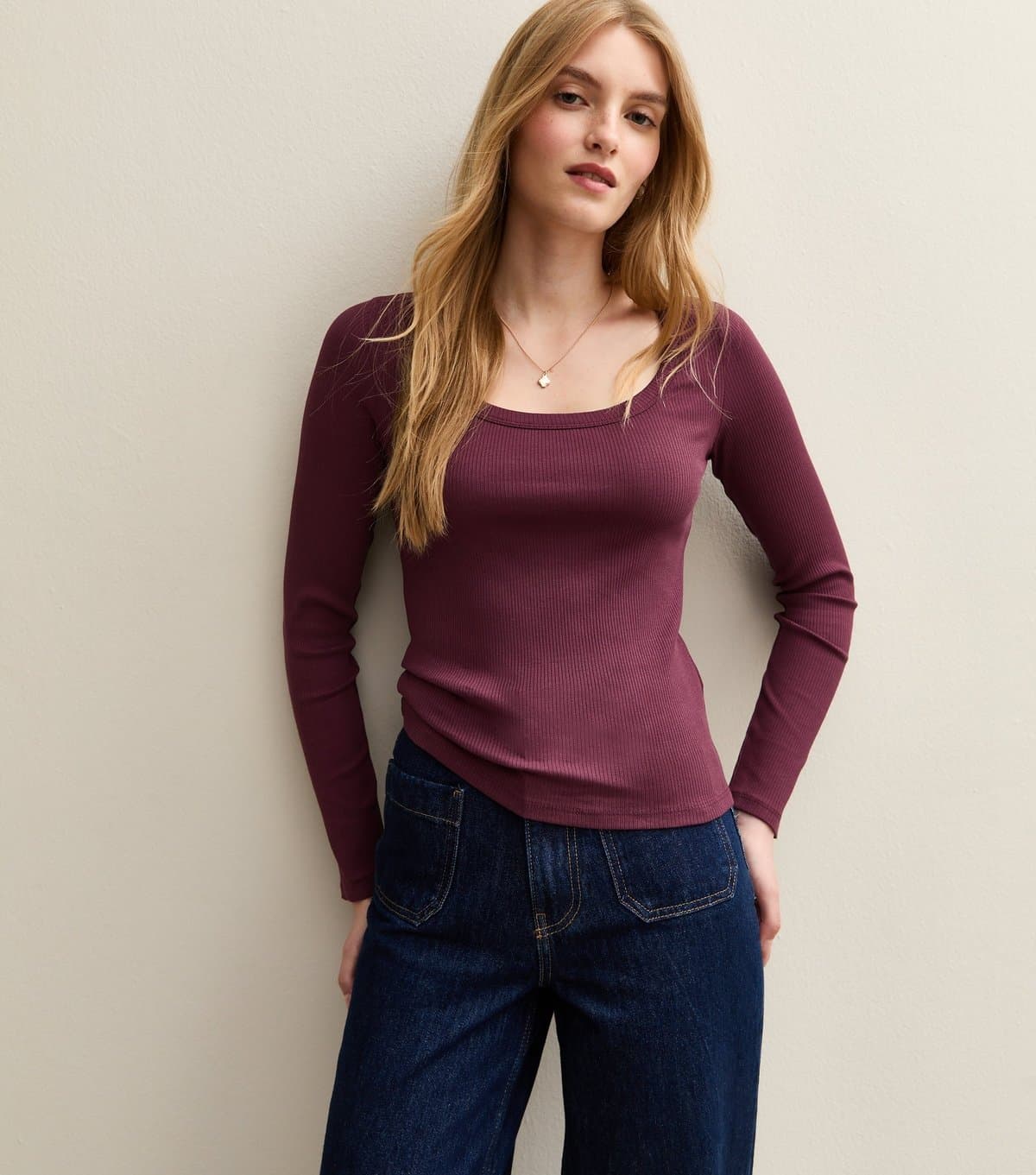 New Look Women's Purple Scoop Neck Long Sleeve Ribbed Top New Look