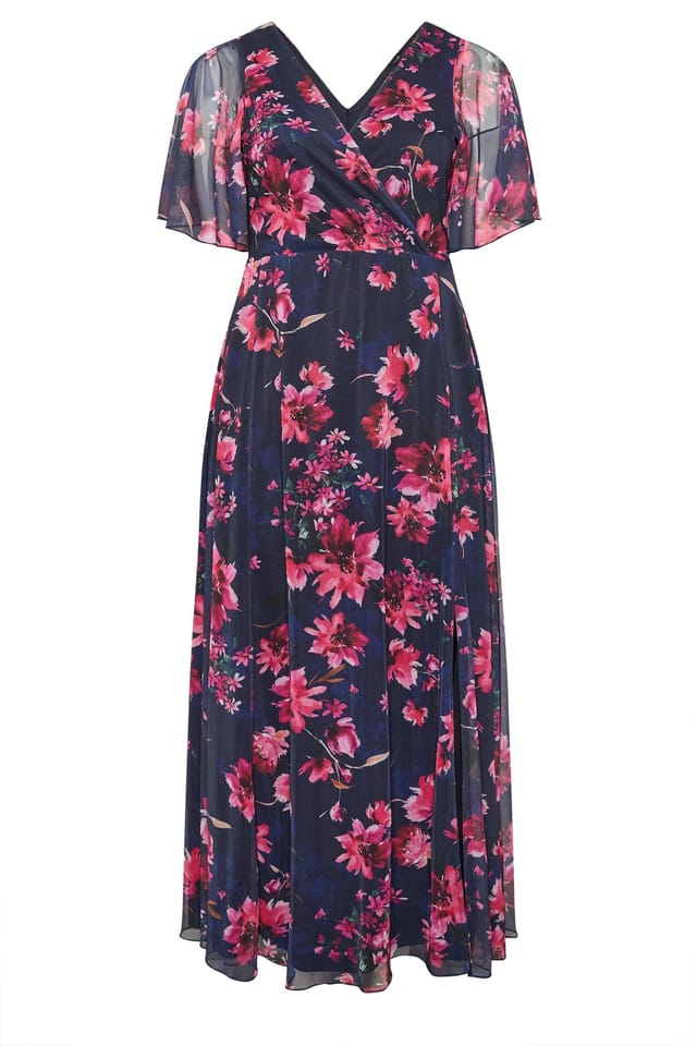 Yours Yours Women's Floral Angel Sleeve Maxi Dress in Dark Navy - 2