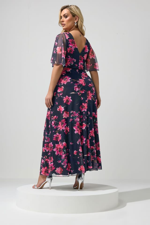 Yours Yours Women's Floral Angel Sleeve Maxi Dress in Dark Navy - 3