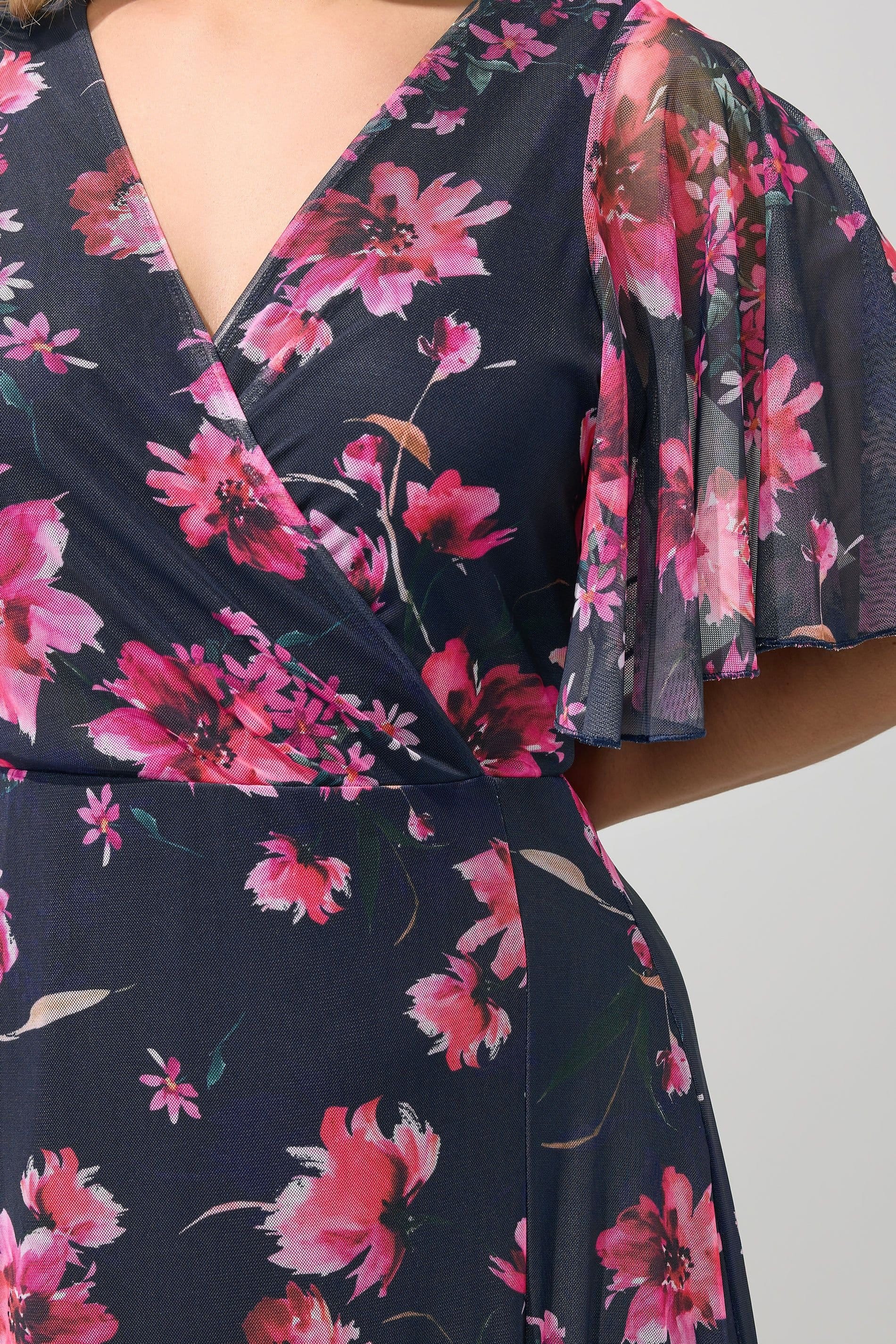 Yours Yours Women's Floral Angel Sleeve Maxi Dress in Dark Navy - 4