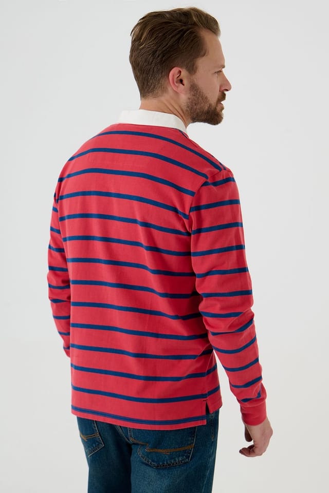 Saltwell Saltwell Men's Stripe Cotton Long Sleeve Polo Shirt in Coral - 2