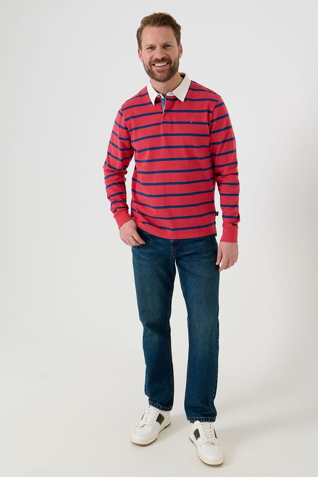 Saltwell Saltwell Men's Stripe Cotton Long Sleeve Polo Shirt in Coral - 3
