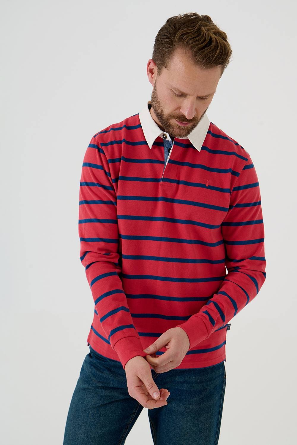 Saltwell Saltwell Men's Stripe Cotton Long Sleeve Polo Shirt in Coral - 4