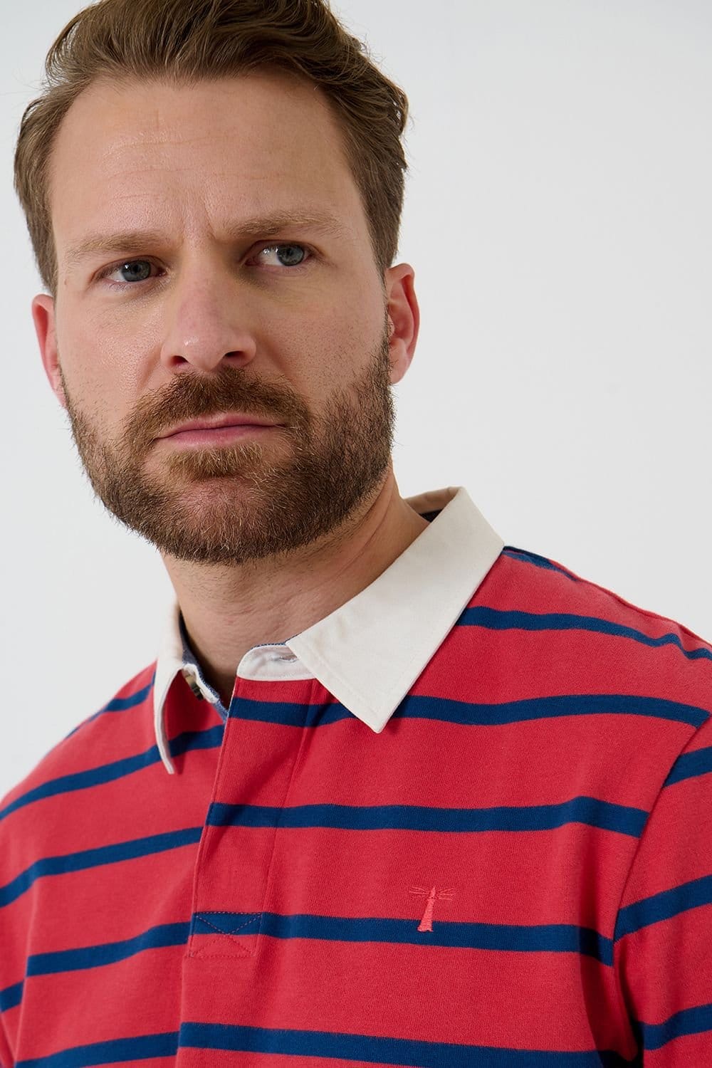 Saltwell Saltwell Men's Stripe Cotton Long Sleeve Polo Shirt in Coral - 4
