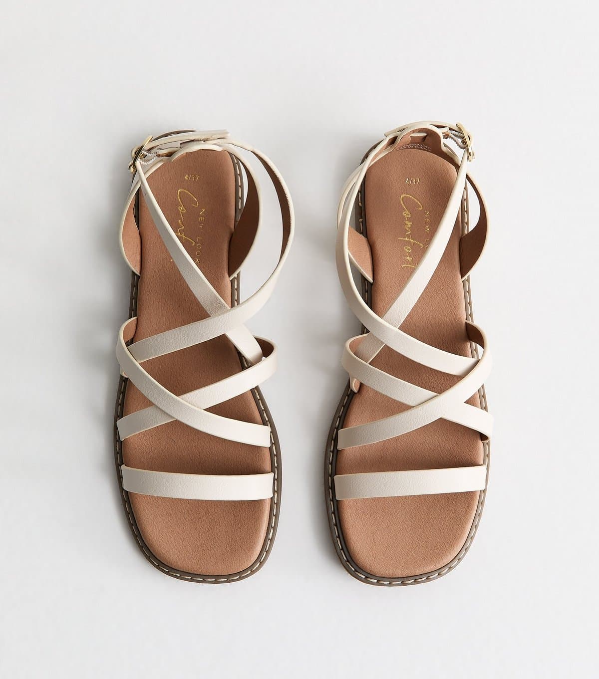 New Look Women's White Faux Leather Multi Strap Flat Sandals Vegan New Look