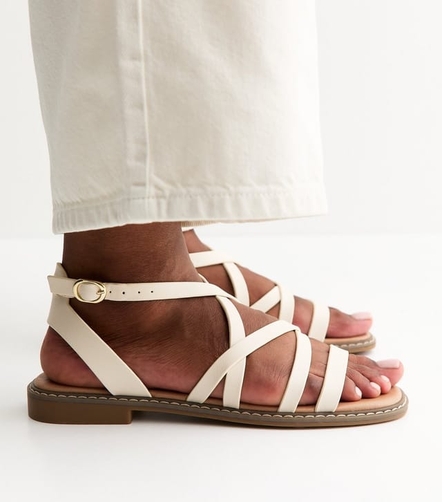 New Look Women's White Faux Leather Multi Strap Flat Sandals Vegan New Look - 2