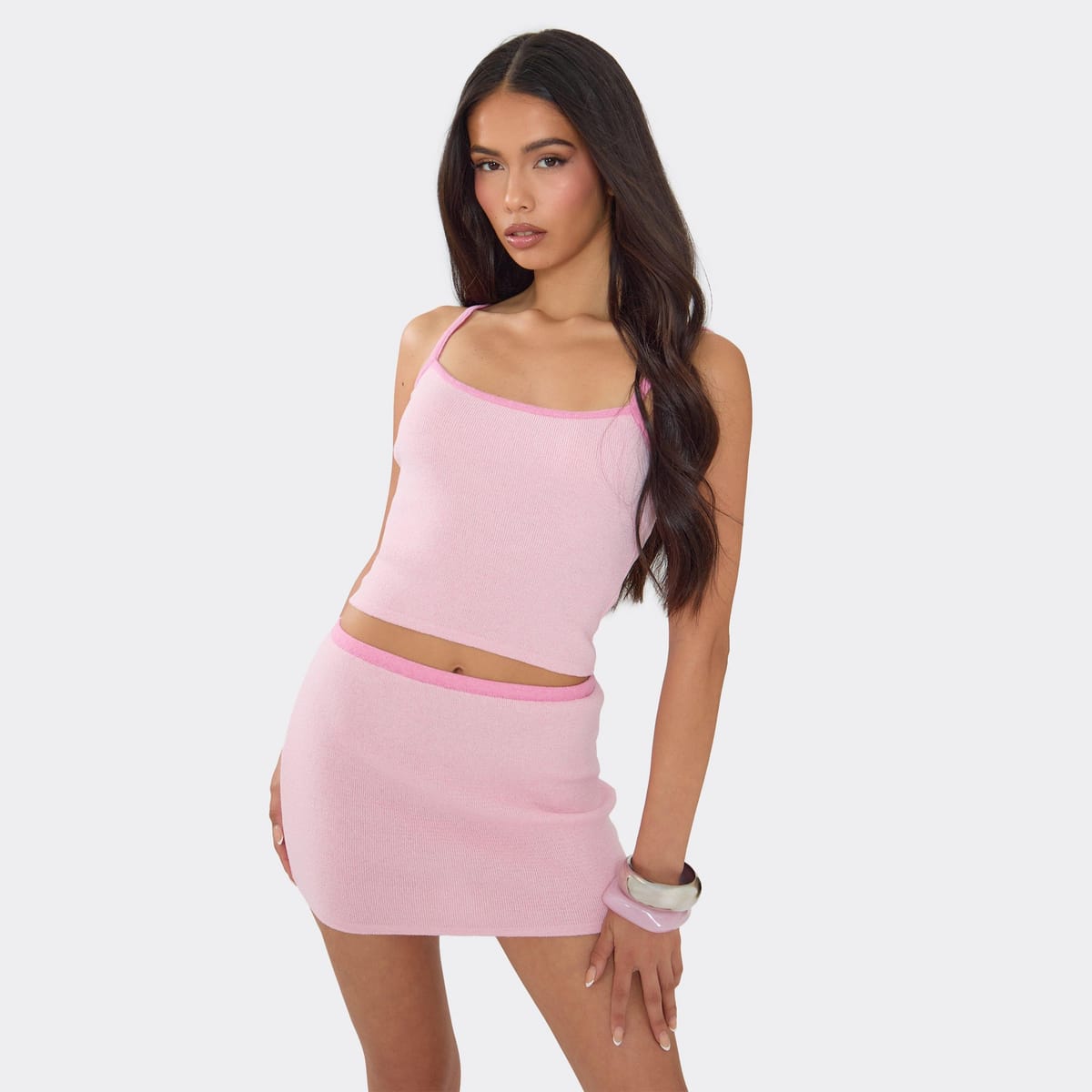 EGO Strappy Contrast Hem Vest Top In Pink Knit, Women's Size UK L - 1