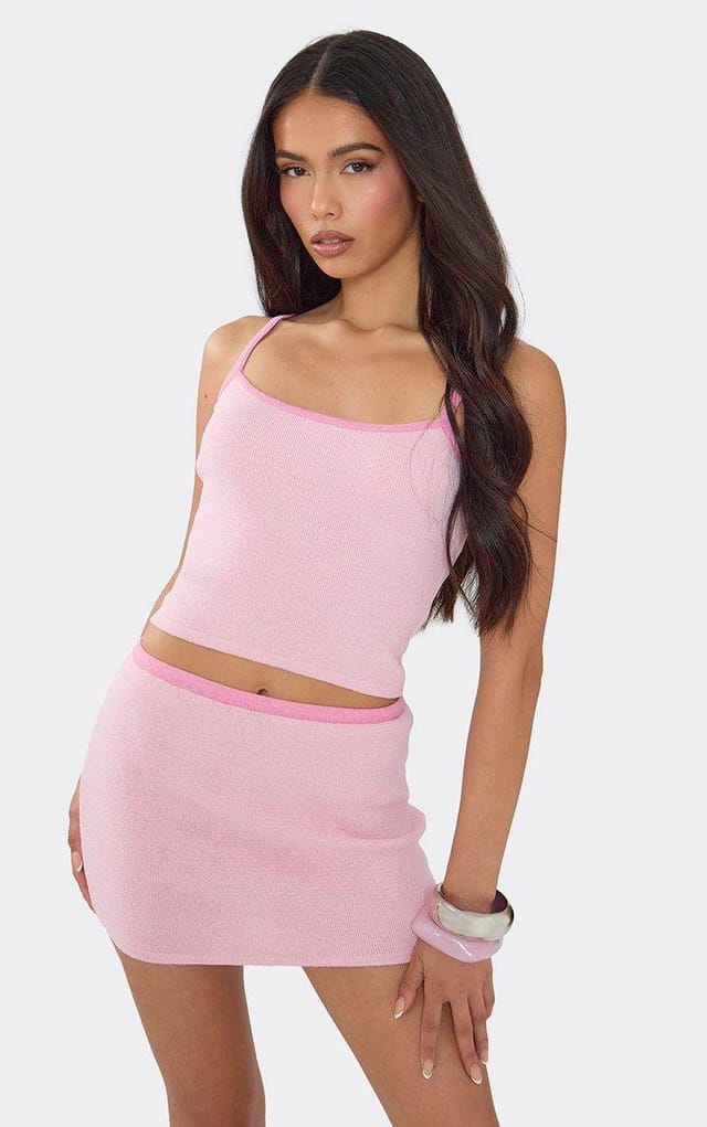 EGO Strappy Contrast Hem Vest Top In Pink Knit, Women's Size UK L - 2