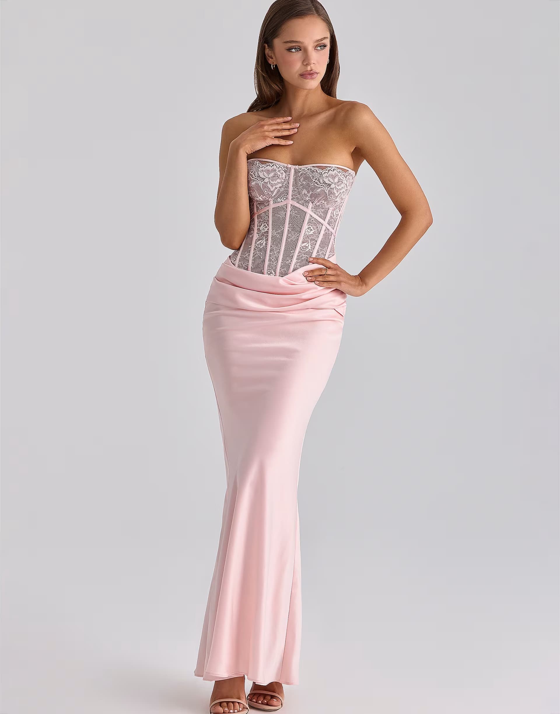 ASOS House of CB Ayana pink lace + satin maxi corset dress in pink
