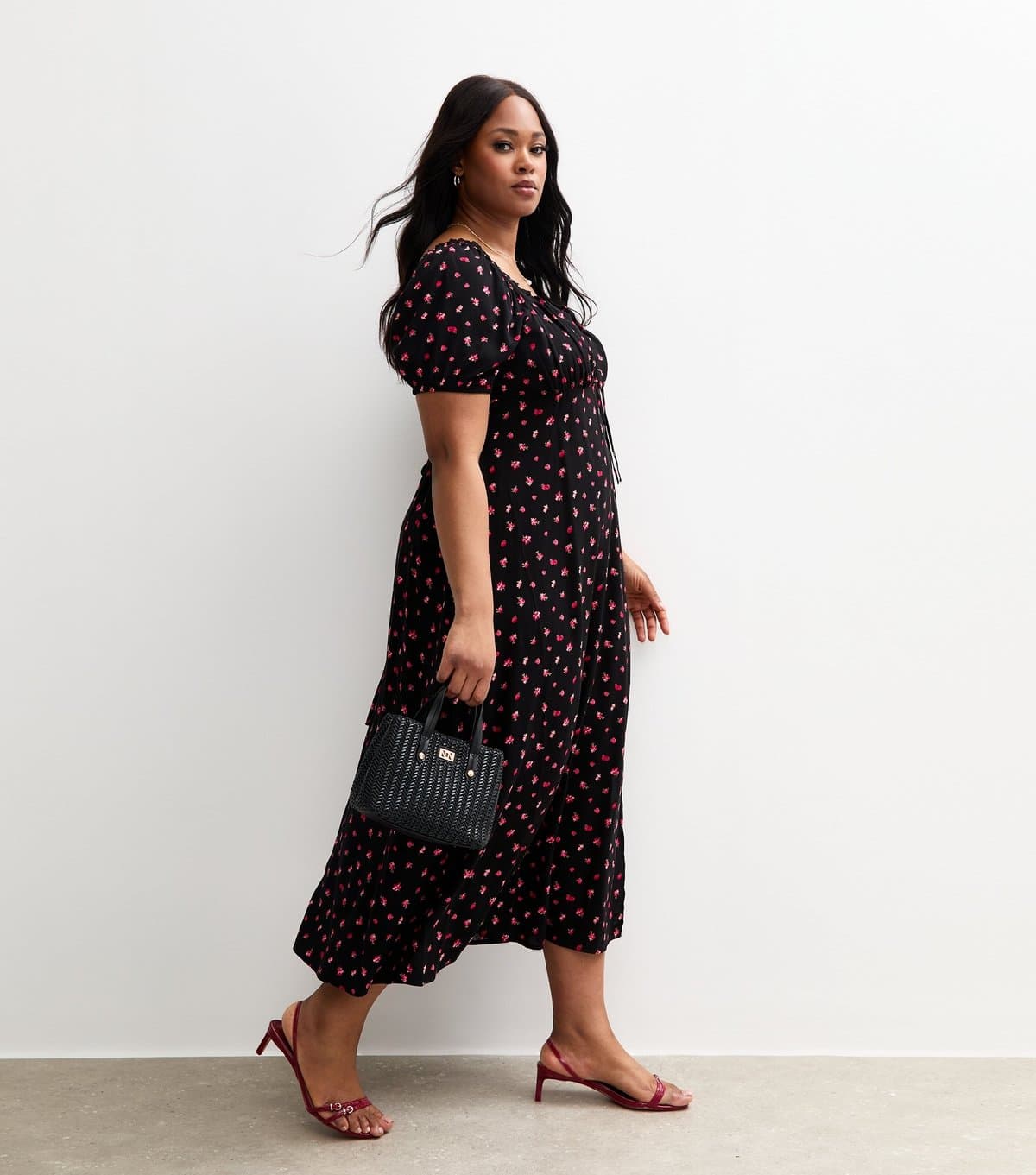 New Look Women's Black Berry Print Milkmaid Midi Dress New Look