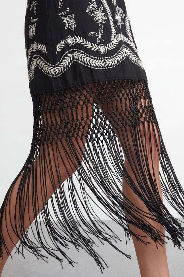 Warehouse Warehouse Women's Petite Embroidered Fringe Mini Dress in Black - 2