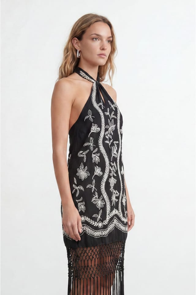 Warehouse Warehouse Women's Petite Embroidered Fringe Mini Dress in Black - 3