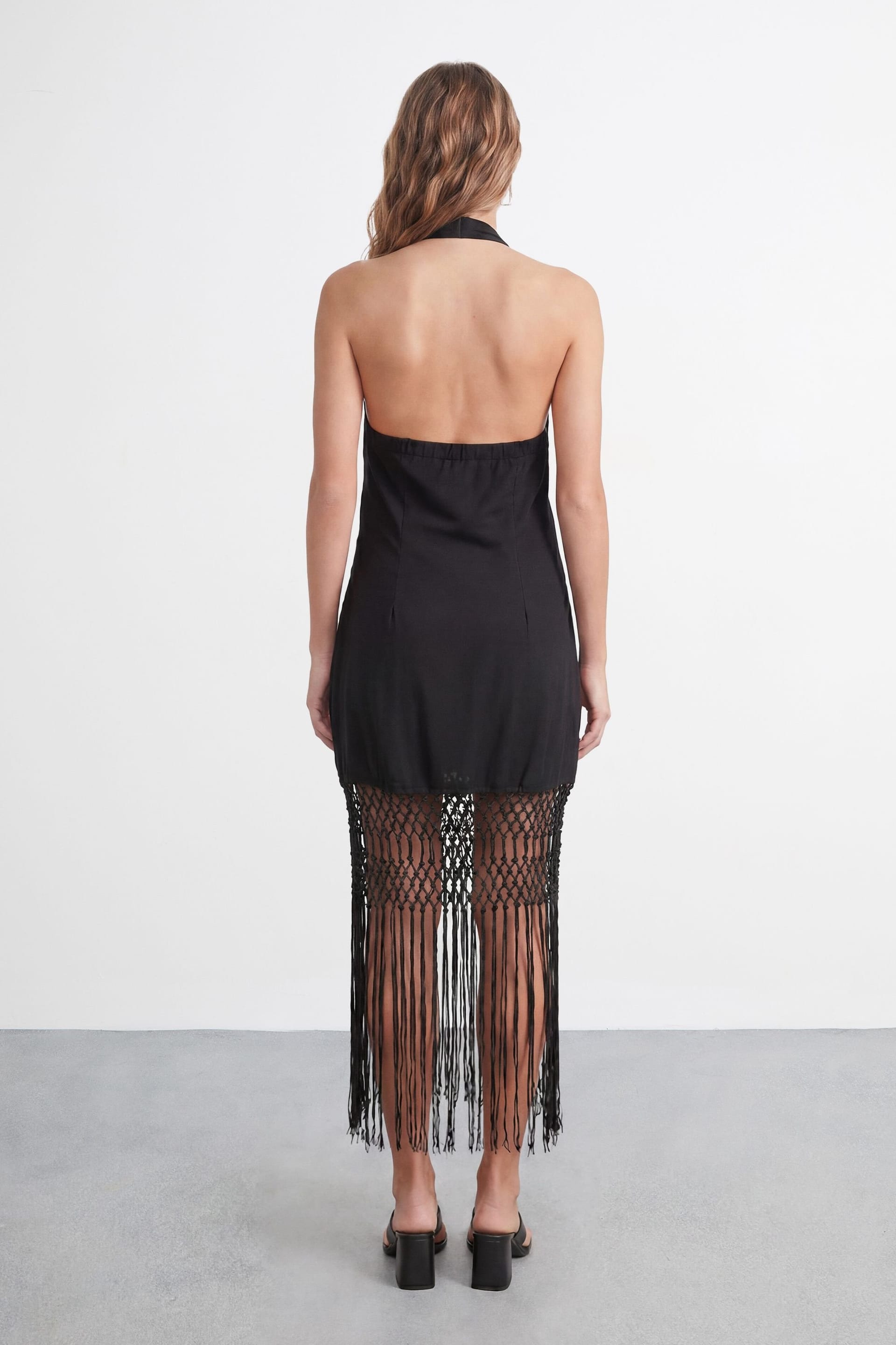 Warehouse Warehouse Women's Petite Embroidered Fringe Mini Dress in Black - 4