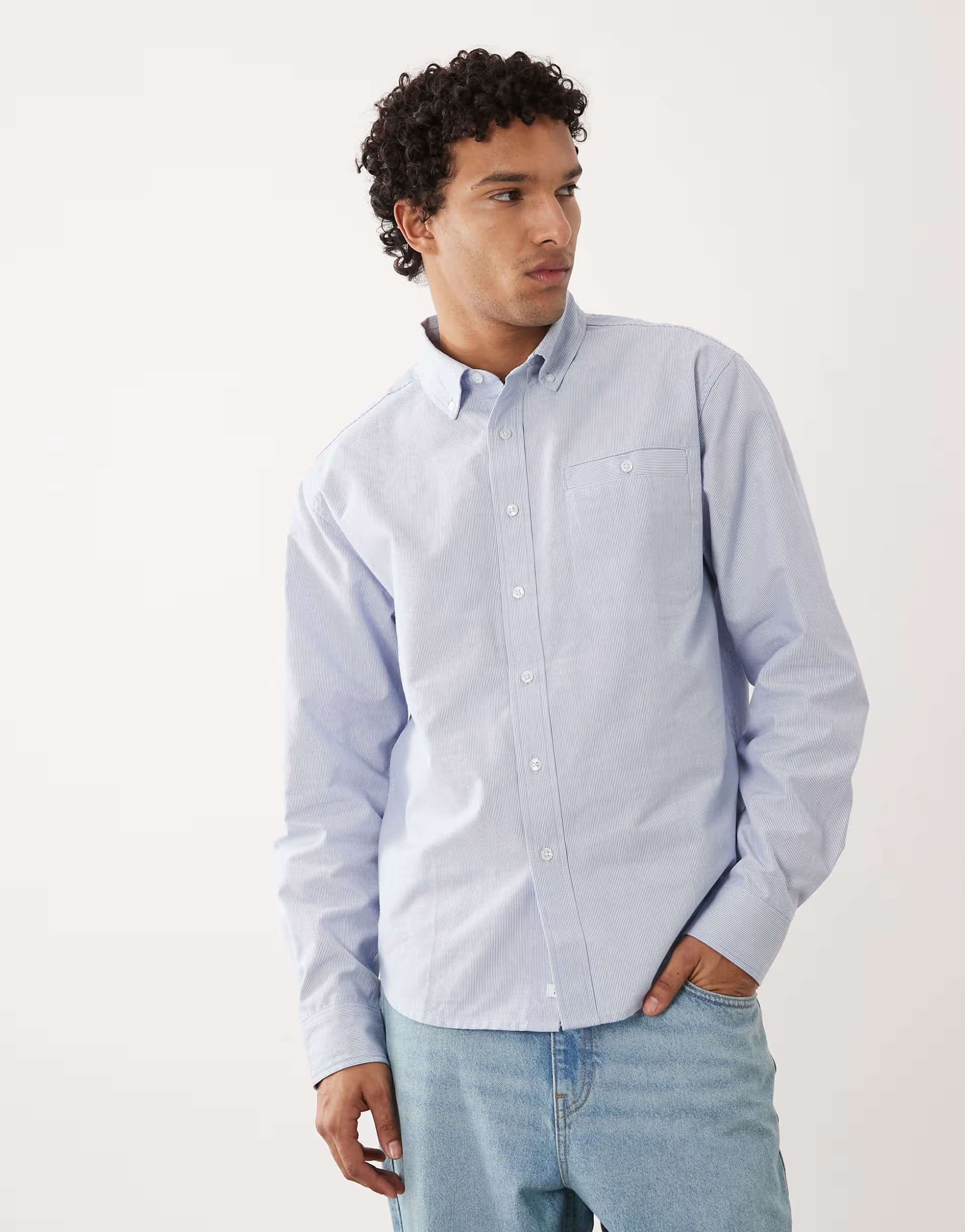 ASOS Farah Archive Cristo long sleeve stripe box logo shirt in blue