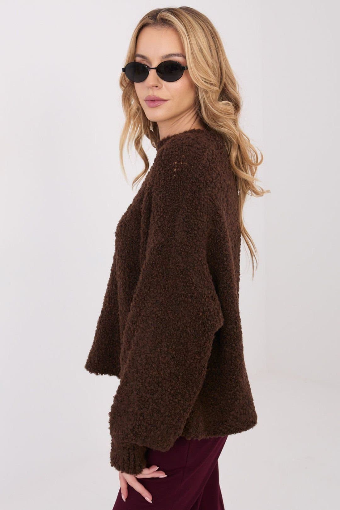 Love Lace Love Lace Women's Casual Oversized Round Neck Puffy Sleeve Sweater in Brown