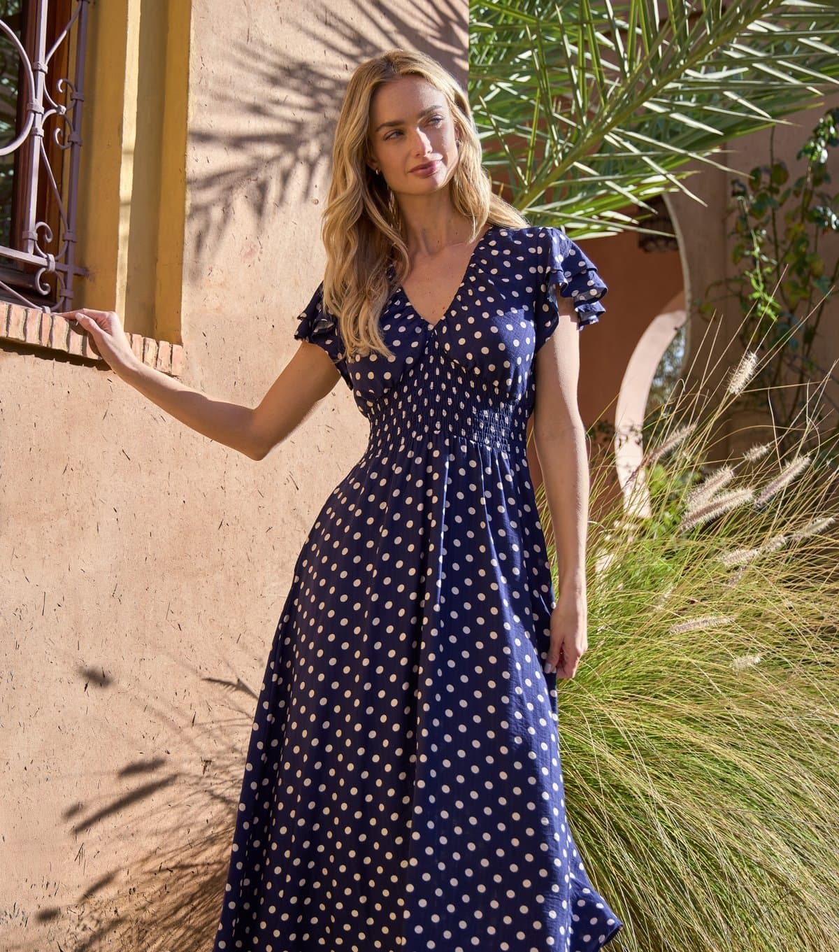 Blue Vanilla Women's Navy Polka Dot Elasticated Waist Midi Dress Blue Vanilla New Look