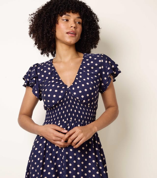 Blue Vanilla Women's Navy Polka Dot Elasticated Waist Midi Dress Blue Vanilla New Look - 2