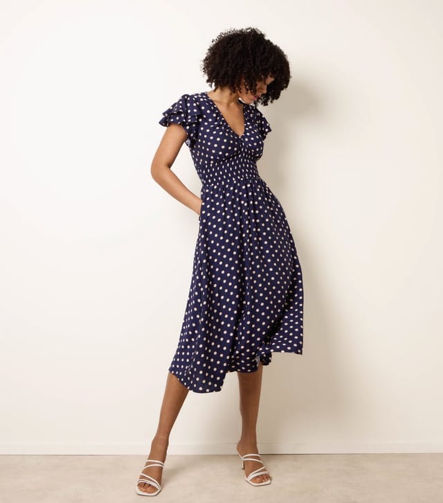 Blue Vanilla Women's Navy Polka Dot Elasticated Waist Midi Dress Blue Vanilla New Look - 3