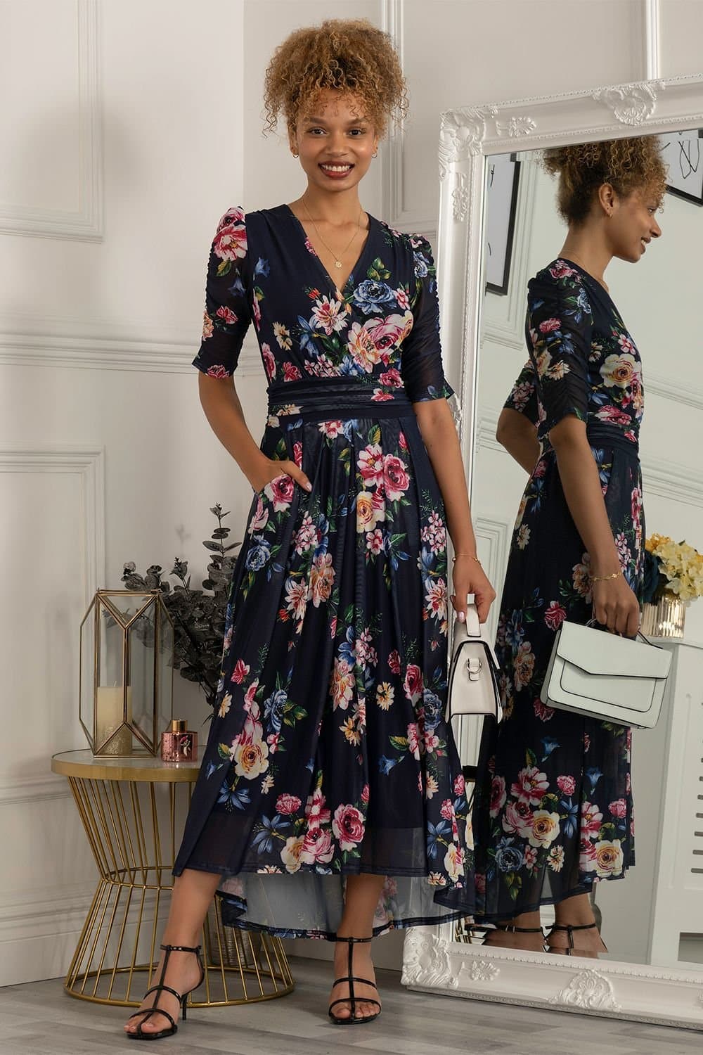 Jolie Moi Jolie Moi Women's Haizley Floral Print Mesh Maxi Dress in Navy