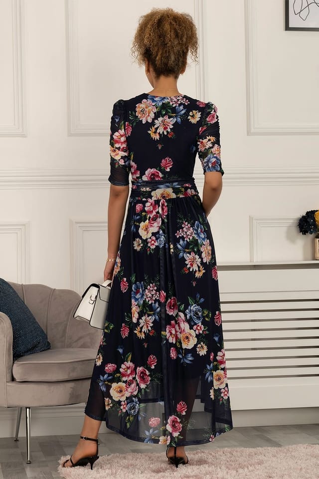 Jolie Moi Jolie Moi Women's Haizley Floral Print Mesh Maxi Dress in Navy - 2