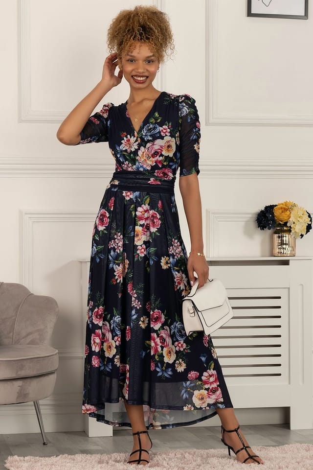 Jolie Moi Jolie Moi Women's Haizley Floral Print Mesh Maxi Dress in Navy - 3