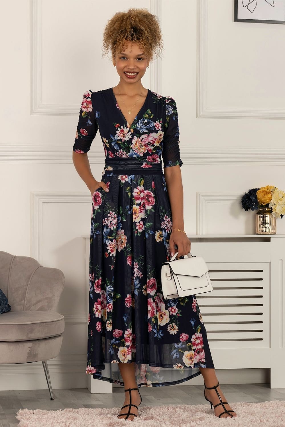 Jolie Moi Jolie Moi Women's Haizley Floral Print Mesh Maxi Dress in Navy - 4