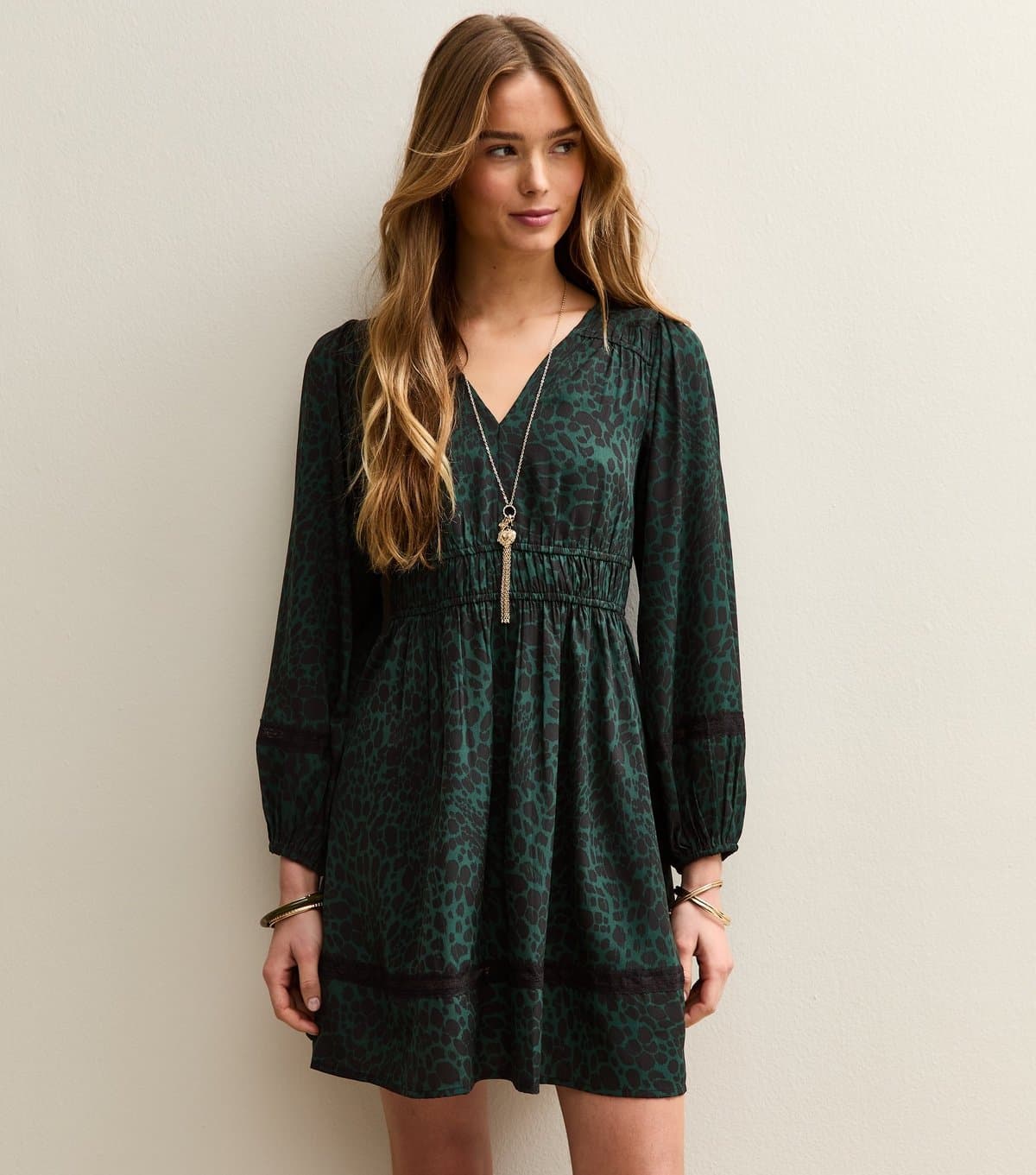 New Look Women's Green Animal Print Long Sleeve Mini Dress New Look
