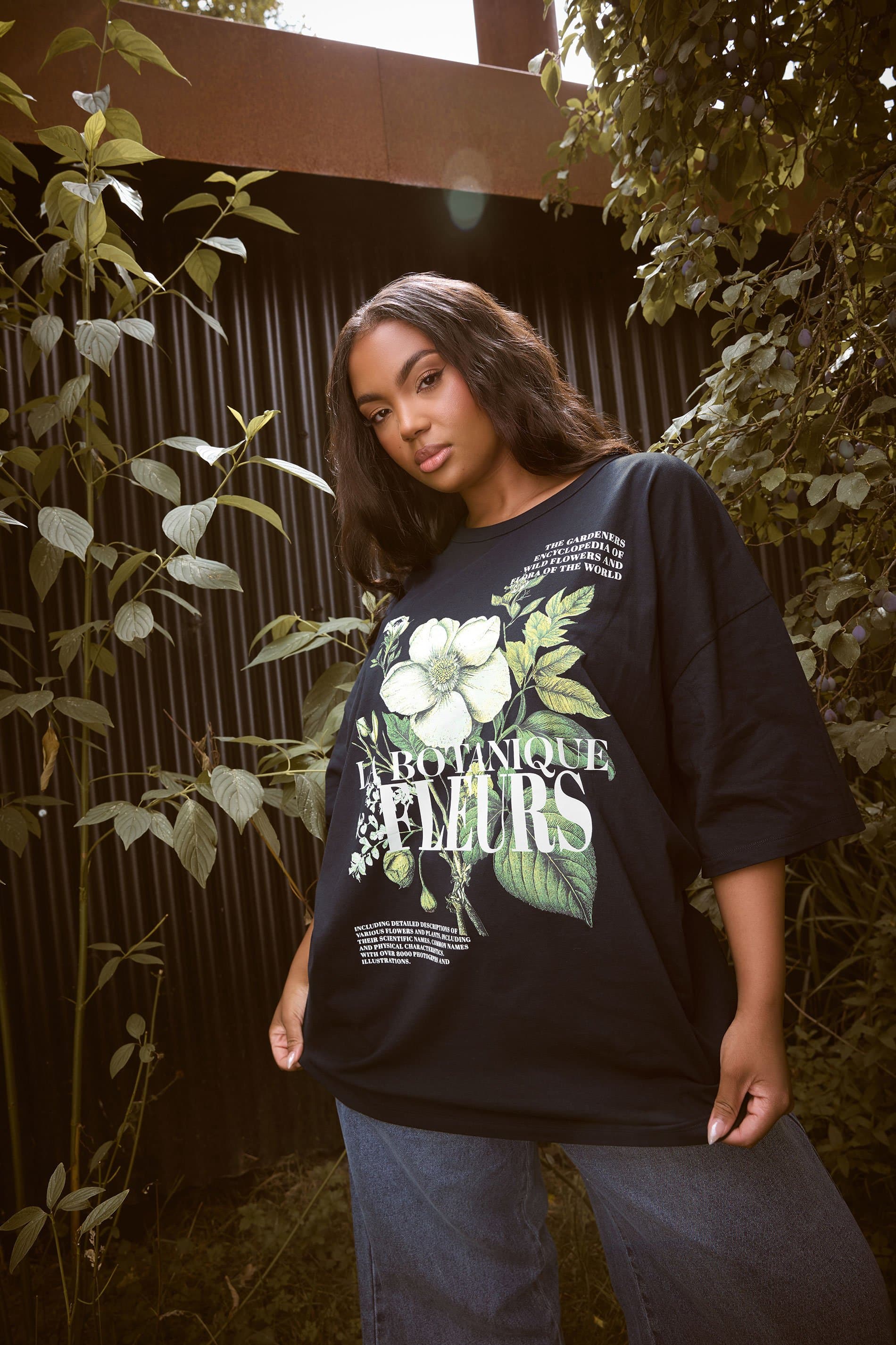 Yours Plus Size Black 'La Botanique Fleurs' Floral Oversized Graphic Tshirt