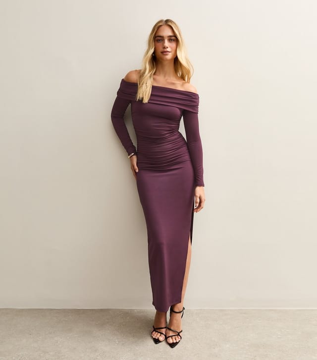 New Look Women's Dark Burgundy Ruched Neck Off The Shoulder Midi Dress New Look - 3