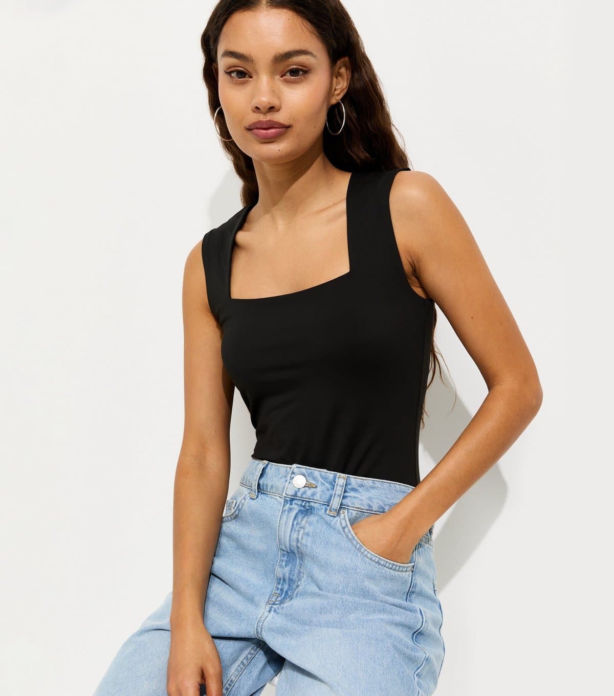 New Look Women's Petite Black Square Neck Neck Sleeveless Bodysuit New Look