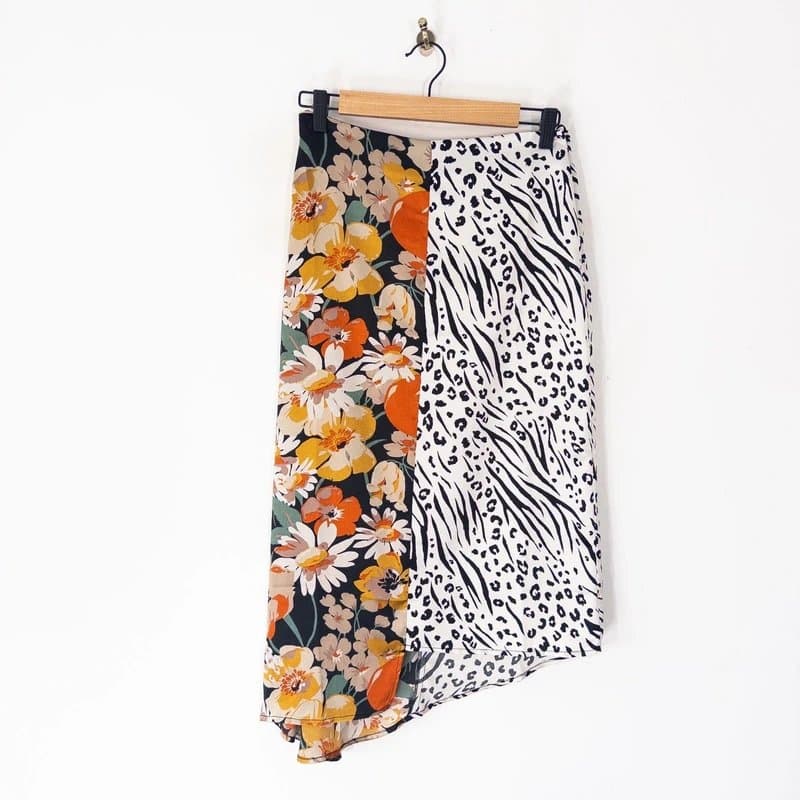 ASOS Asos Floral Animal Print Midi Skirt Size 8 Multicoloured Satin Asymmetric