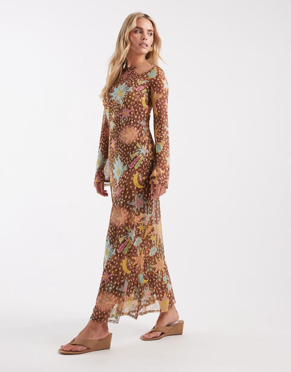 ASOS Never Fully Dressed Petite Aria mesh maxi dress in brown deer star print - 1